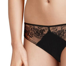 Load image into Gallery viewer, A close up of the floral lacy details at the front of the Passionata Maddie Brief in Black. 
