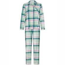Load image into Gallery viewer, Plaid pajama set with green, pink, and white pattern on a white background
