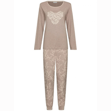 Load image into Gallery viewer, A two-piece women's pajama set in a dusty rose-beige color, featuring a long-sleeve top with a white floral heart design on the chest and matching floral print pants.
