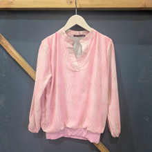 Load image into Gallery viewer, Front of Kate &amp; Pippa Bella Band Top Pink Mix, with a wooden and blue background.
