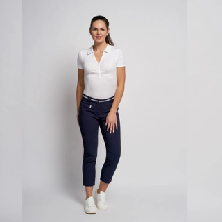 Front view of model, posing wearing Pinns Navy Ankle Grazer Trouser 378CT, with a grey to white gradient background.