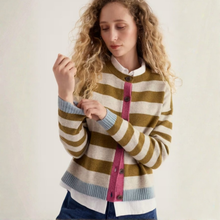 Load image into Gallery viewer, A woman with curly blonde hair wearing a striped cardigan sweater with olive green, cream, and light blue horizontal stripes, featuring a pink button placket and white shirt collar.
