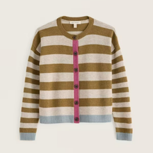 Load image into Gallery viewer, A striped knit cardigan sweater with horizontal bands of olive green, cream, and light blue, featuring a prominent pink button placket and dark buttons.
