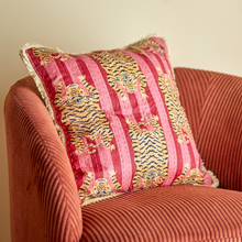 Load image into Gallery viewer, Decorative pillow with tiger pattern on a red couch

