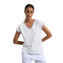 Load image into Gallery viewer, Woman wearing a white blouse with red trim on a white background

