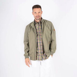 Man wearing a green jacket over a plaid shirt on a white background