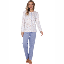 Load image into Gallery viewer, Woman wearing a white patterned shirt and light blue pants on a white background
