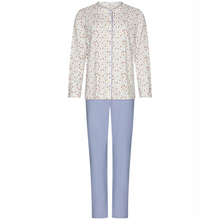 Load image into Gallery viewer, White long-sleeve top with colorful pattern and light blue pants on a white background

