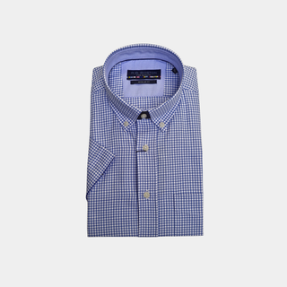 Folded blue and white checkered shirt on a light gray background
