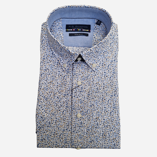 Folded floral pattern shirt with a visible brand label on a white background