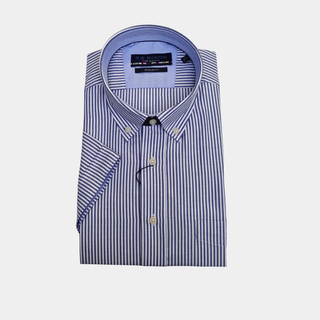 Folded blue and white striped shirt on a light gray background