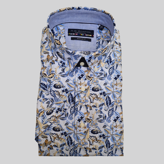 Floral patterned shirt with a blue collar on a light gray background