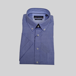 Folded blue shirt with a pattern on a gray background