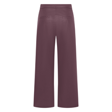 Load image into Gallery viewer, A pair of wide-leg trousers in a dusty plum purple color, shown from the back on a plain white background.
