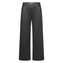 Load image into Gallery viewer, Black wide-leg cropped pants with a smooth, slightly glossy finish, shown against a plain white background.
