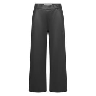Black wide-leg cropped pants with a smooth, slightly glossy finish, shown against a plain white background.