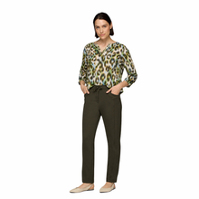 Load image into Gallery viewer, Full view of Model wearing Rabe Animal Print Blouse  in Khaki, with a white background.
