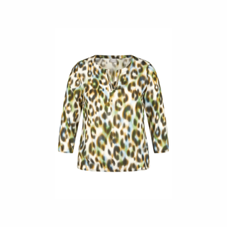 Front view of Rabe Animal Print Blouse  in Khaki, with a white background.