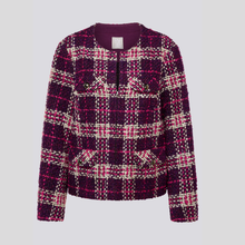 Load image into Gallery viewer, Plaid jacket with purple and pink pattern on a light gray background
