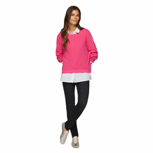 Load image into Gallery viewer, Full view of model wearing Rabe Purple Clouds Jumper in Fuchsia, on a white background.
