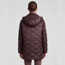 Load image into Gallery viewer, A model viewed from the back wearing a dark brown hooded quilted puffer jacket against a light gray studio background.

