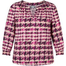 Load image into Gallery viewer, Long-sleeve shirt with pink and purple geometric pattern on a white background
