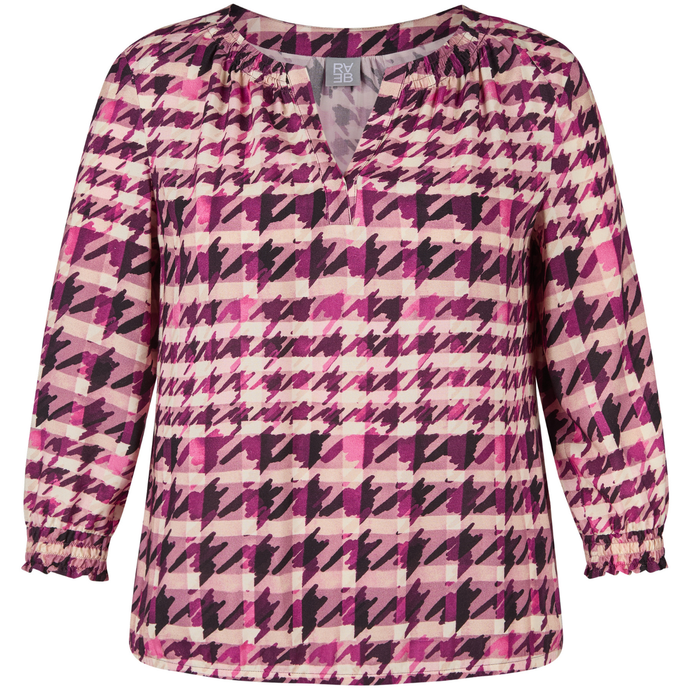 Long-sleeve shirt with pink and purple geometric pattern on a white background