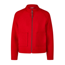 Load image into Gallery viewer, A bright red zip-up jacket with a stand collar, raglan sleeves, and two front patch pockets, shown against a plain white background.
