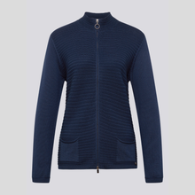 Load image into Gallery viewer, Navy blue zip-up sweater on a light gray background
