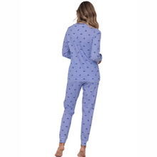 Load image into Gallery viewer, Woman wearing a blue and white striped pajama set on a white background
