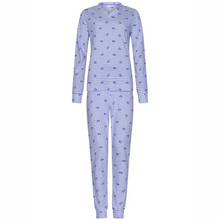 Load image into Gallery viewer, Blue and white striped onesie with small patterns on a white background
