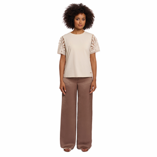 Full view of model wearing Rino & Pelle Joney Short Sleeve Top in Birch.