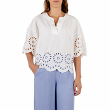 Load image into Gallery viewer, Model wearing Rino &amp; Pelle Wide Blouse in Snow White with a white background
