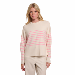 Model wearing Rino & Pelle Yelin Short Striped Sweater in Snow White/Pink, with a white background.