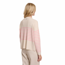 Load image into Gallery viewer, Back view of Model wearing Rino &amp; Pelle Yelin Short Striped Sweater in Snow White/Pink, with a white background.
