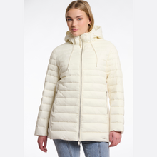 Load image into Gallery viewer, Woman wearing a cream-colored puffer jacket on a white background
