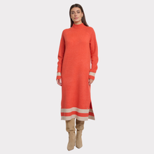 Load image into Gallery viewer, Woman wearing an orange dress with a white stripe on a white background
