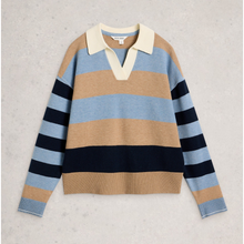 Load image into Gallery viewer, Striped sweater with blue, beige, and navy colors on a light gray background
