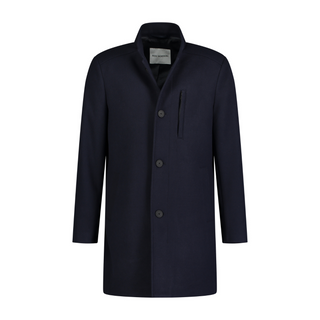 Navy blue coat with button details on a white background