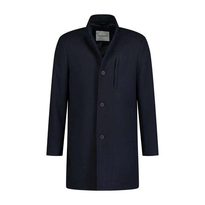 Navy blue coat with button details on a white background