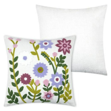 Load image into Gallery viewer, Two square throw pillows on a white background, with one in front featuring a colorful embroidered floral pattern on a white fabric base, and the one behind showing the plain white reverse side.
