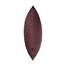 Load image into Gallery viewer, A side profile product shot of the Erin Diamond Cushion in Aubergine that has a crisscross diamond pattern on one side and a plain pattern on the other side

