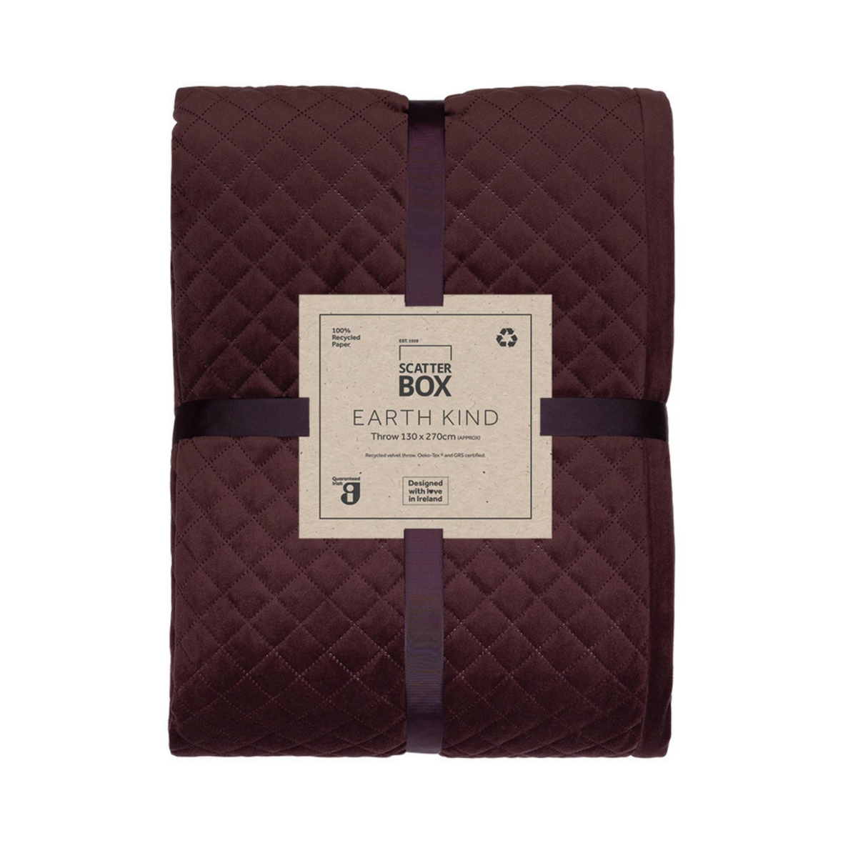 Scatterbox Erin Diamond throw in Aubergine, folded and packaged with black ribbon and a Scatterbox label