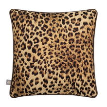 Load image into Gallery viewer, A product shot of the back of the Gene Cushion in a Sand colour with a leopard print
