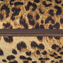 Load image into Gallery viewer, A close up side profile shot of the Gene Cushion in Sand with a leopard print design and a side zip
