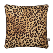 Load image into Gallery viewer, A product shot of the Gene Cushion in a Sand colour with a leopard print
