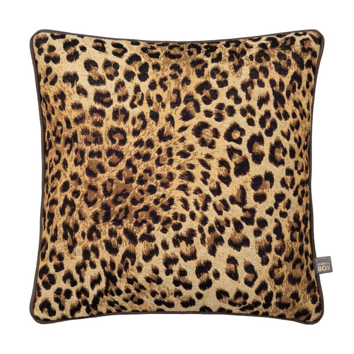 A product shot of the Gene Cushion in a Sand colour with a leopard print
