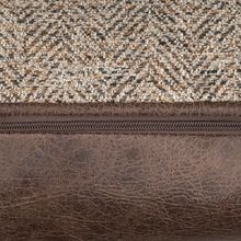 Load image into Gallery viewer, Close up of the Inish Murray cushion showing the zip and upper tweed part and the bottom leatherette look part
