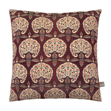 Load image into Gallery viewer, A product shot of the Persia Cushion in Aubergine with a Persian design 
