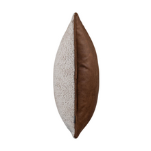 Load image into Gallery viewer, A side profile shot of the Quilo Duo Cushion with a soft cream side and a brown leatherette looking side 
